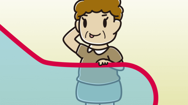 エスカレーターでテヘヘなおばさんのイラスト【色、背景あり】PNG