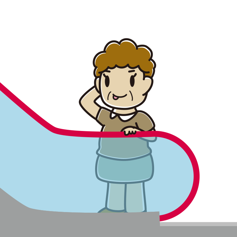 エスカレーターでテヘヘなおばさんのイラスト【色あり、背景なし】透過PNG