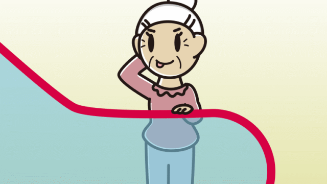 エスカレーターでテヘヘなおばあさんのイラスト【色、背景あり】PNG