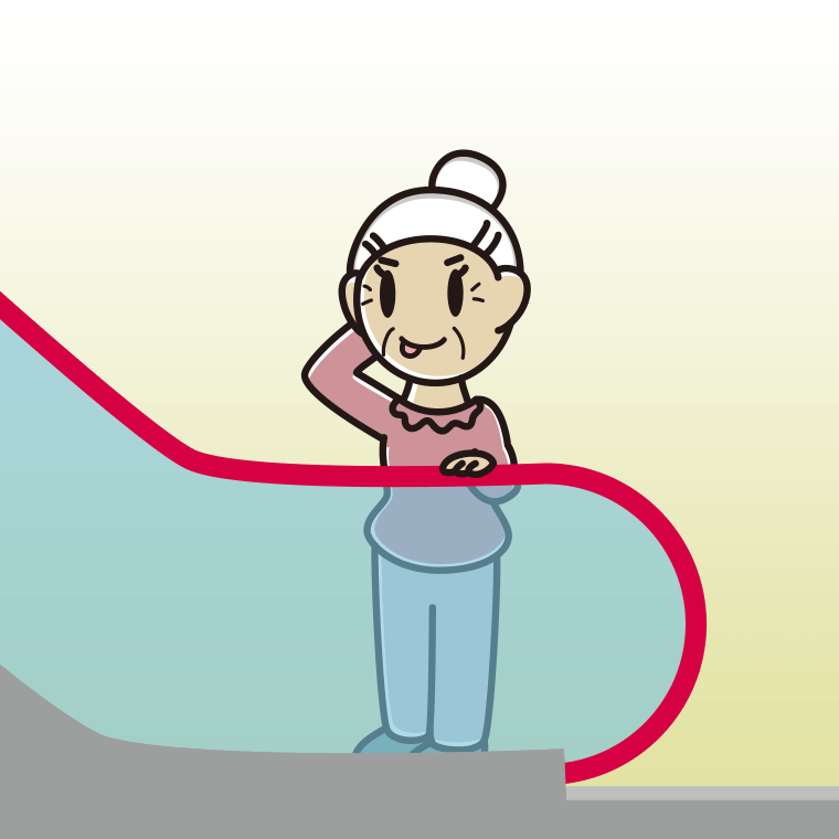 エスカレーターでテヘヘなおばあさんのイラスト【色、背景あり】PNG