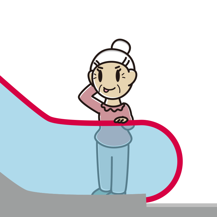 エスカレーターでテヘヘなおばあさんのイラスト【色あり、背景なし】透過PNG