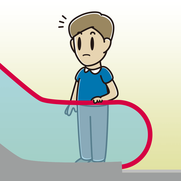 エスカレーターで何かに気付く男性のイラスト【色、背景あり】PNG