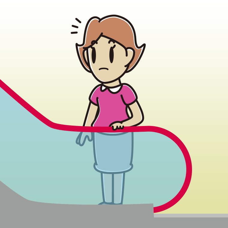 エスカレーターで何かに気付く女性のイラスト【色、背景あり】PNG