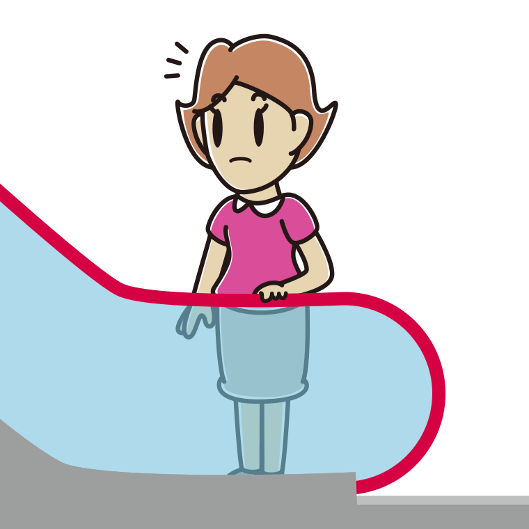 エスカレーターで何かに気付く女性のイラスト【色あり、背景なし】透過PNG