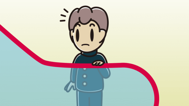 エスカレーターで何かに気付く男子中学生のイラスト【色、背景あり】PNG