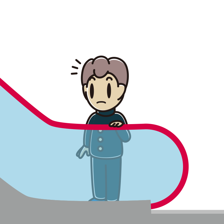 エスカレーターで何かに気付く男子中学生のイラスト【色あり、背景なし】透過PNG