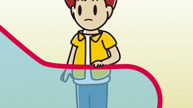 エスカレーターで何かに気付く男子大学生のイラスト【色、背景あり】PNG