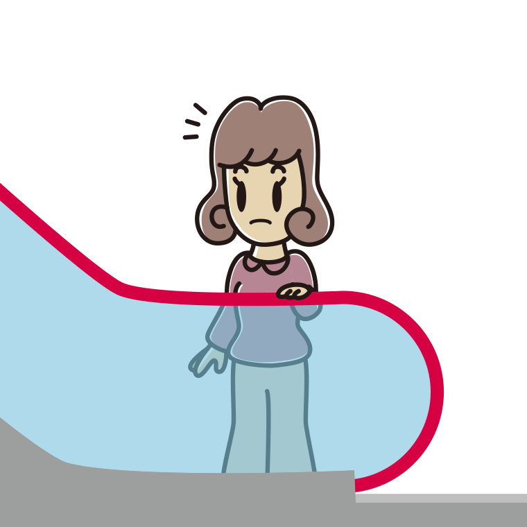 エスカレーターで何かに気付く女子大学生のイラスト【色あり、背景なし】透過PNG