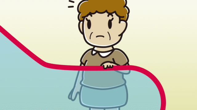 エスカレーターで何かに気付くおばさんのイラスト【色、背景あり】PNG