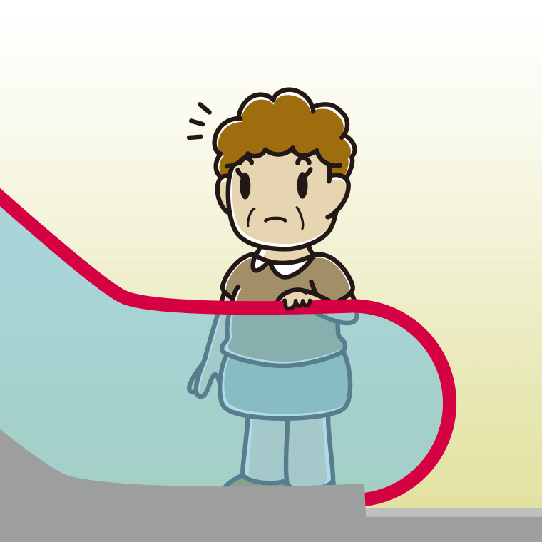 エスカレーターで何かに気付くおばさんのイラスト【色、背景あり】PNG