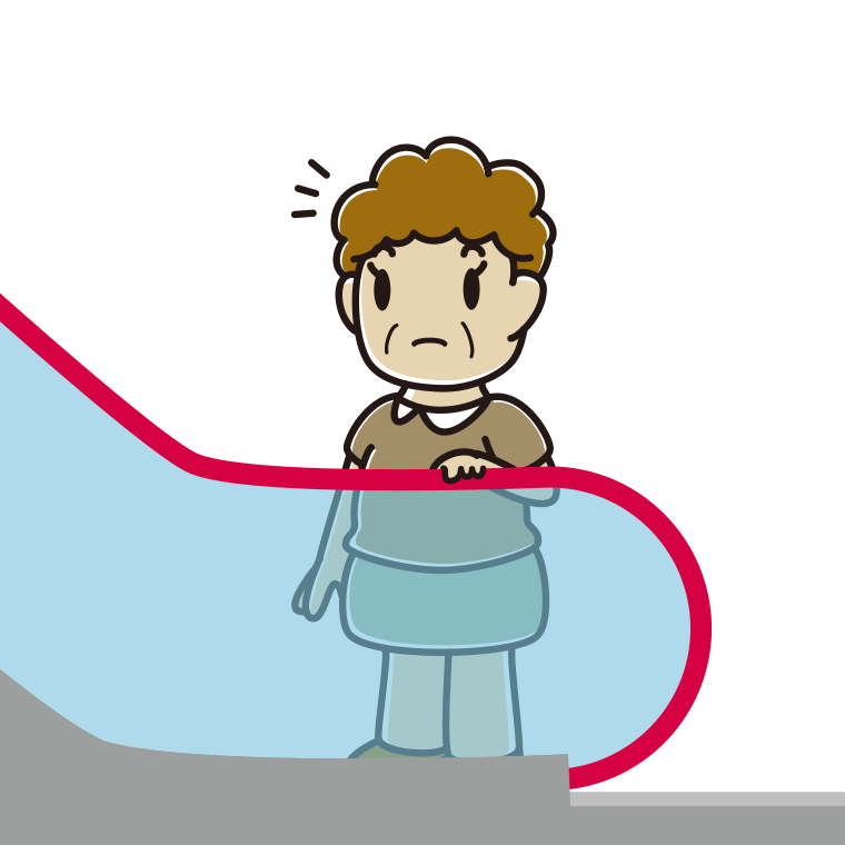 エスカレーターで何かに気付くおばさんのイラスト【色あり、背景なし】透過PNG