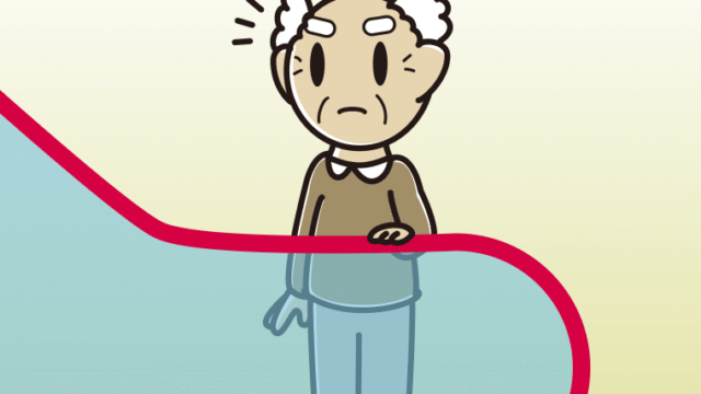 エスカレーターで何かに気付くおじいさんのイラスト【色、背景あり】PNG