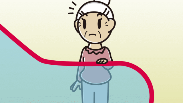 エスカレーターで何かに気付くおばあさんのイラスト【色、背景あり】PNG