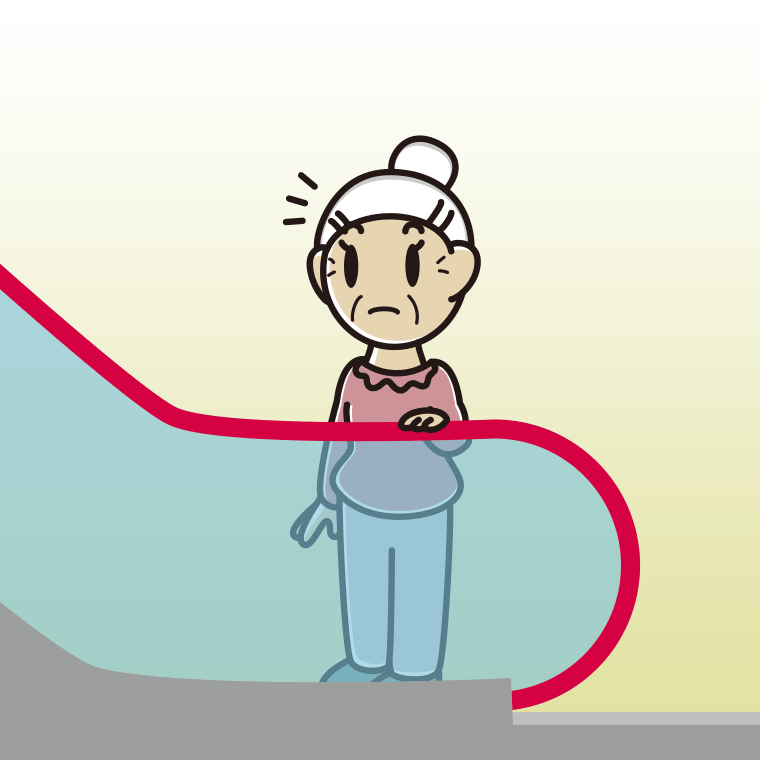 エスカレーターで何かに気付くおばあさんのイラスト【色、背景あり】PNG