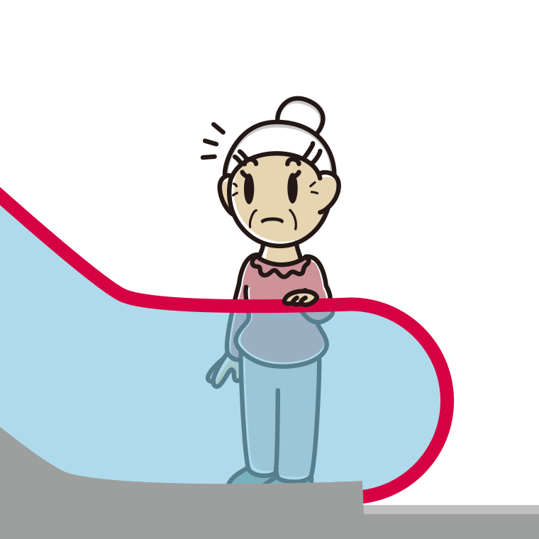 エスカレーターで何かに気付くおばあさんのイラスト【色あり、背景なし】透過PNG