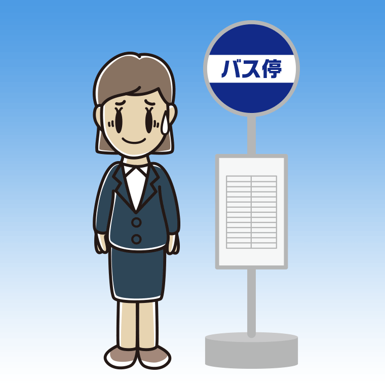 バス停で苦笑いする女性会社員のイラスト【色、背景あり】PNG