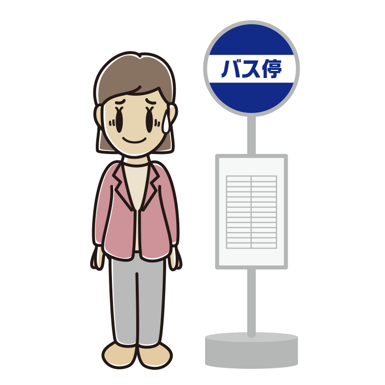 バス停で苦笑いする女性会社員（カジュアル）のイラスト【色あり、背景なし】透過PNG