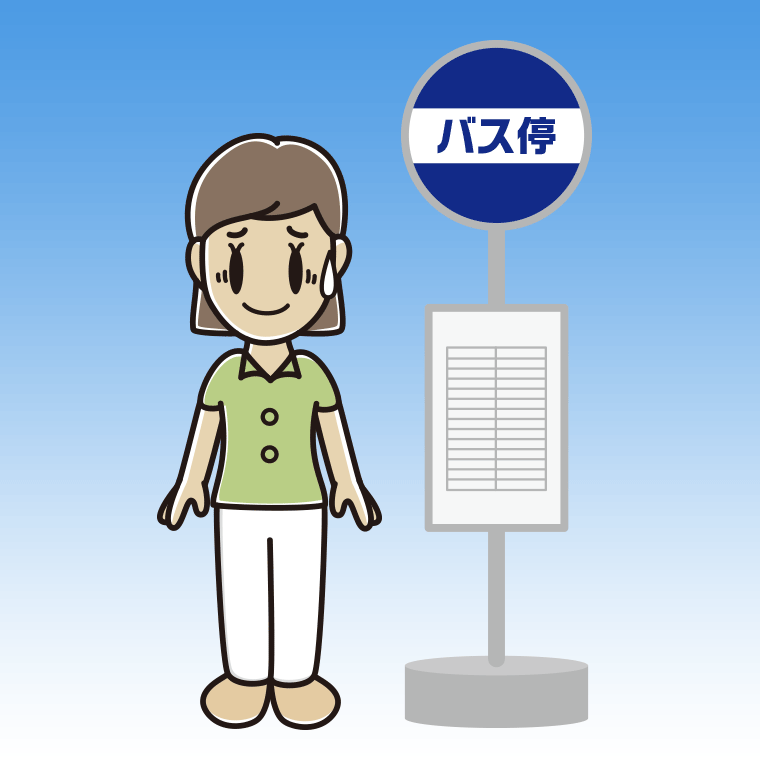 バス停で苦笑いする女性会社員（クールビズ）のイラスト【色、背景あり】PNG