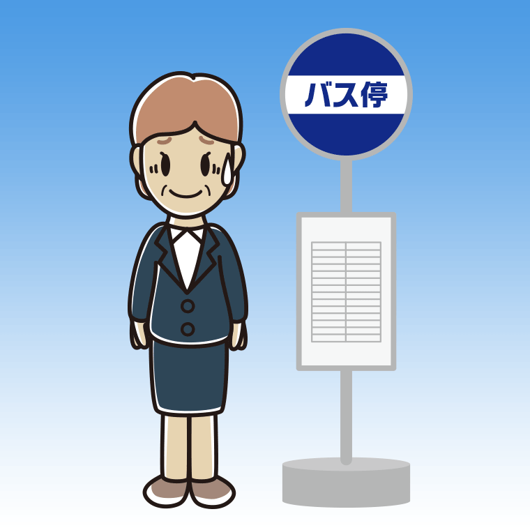 バス停で苦笑いする年配女性会社員のイラスト【色、背景あり】PNG