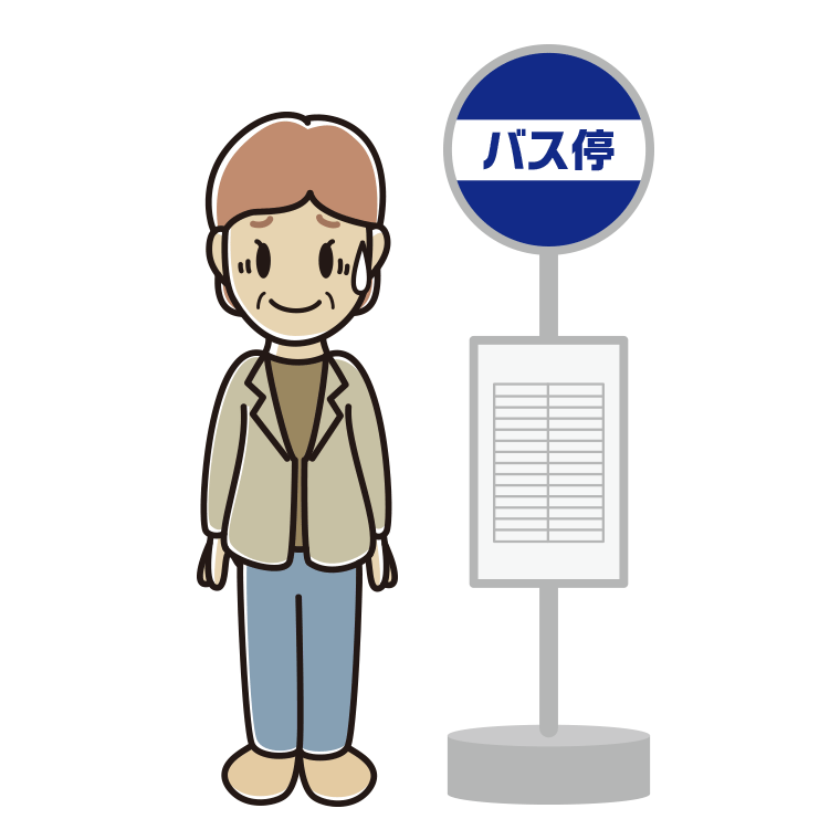 バス停で苦笑いする年配女性会社員（カジュアル）のイラスト【色あり、背景なし】透過PNG