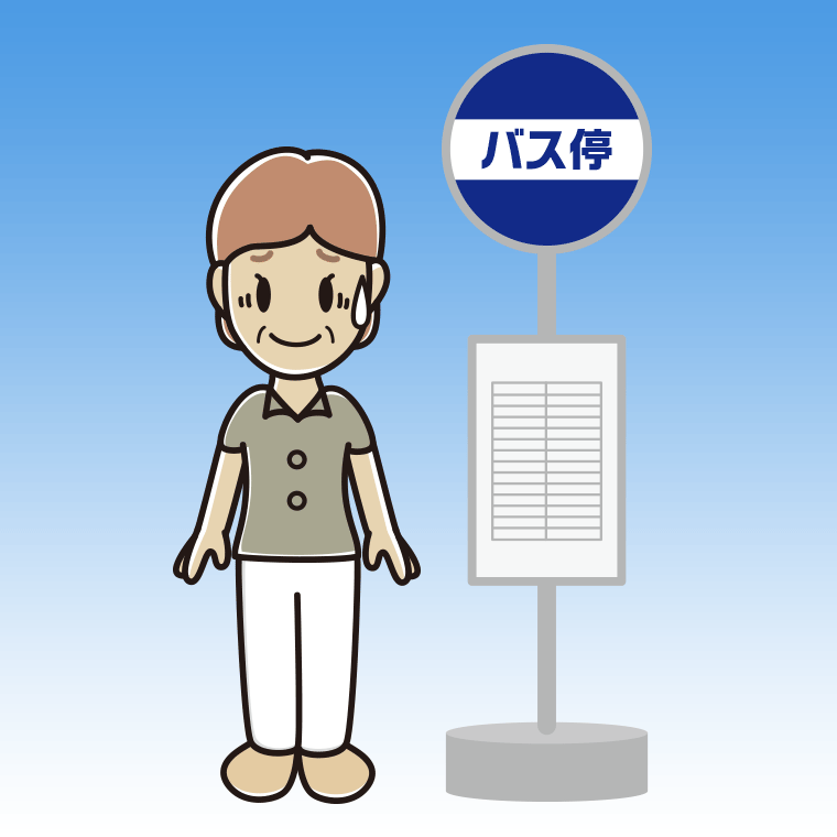 バス停で苦笑いする年配女性会社員（クールビズ）のイラスト【色、背景あり】PNG