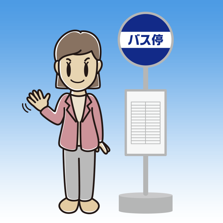 バス停で手を振る女性会社員（カジュアル）のイラスト【色、背景あり】PNG
