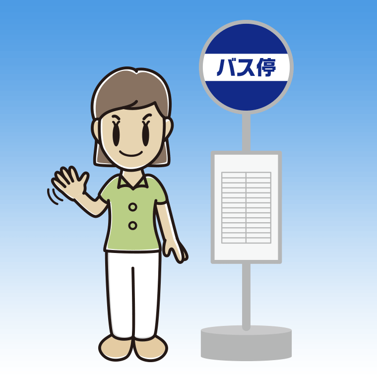 バス停で手を振る女性会社員（クールビズ）のイラスト【色、背景あり】PNG