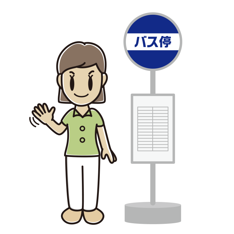 バス停で手を振る女性会社員（クールビズ）のイラスト【色あり、背景なし】透過PNG