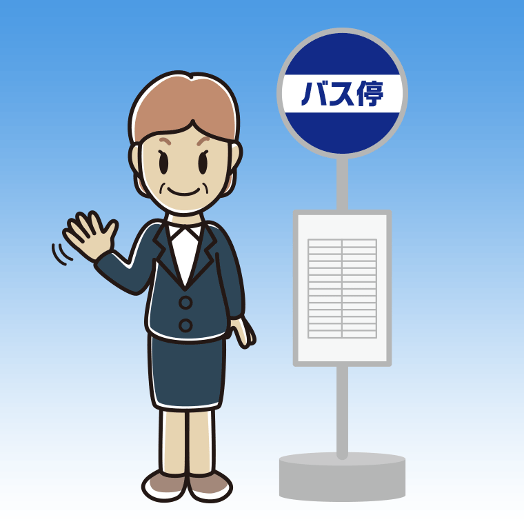 バス停で手を振る年配女性会社員のイラスト【色、背景あり】PNG