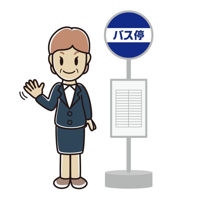 バス停で手を振る年配女性会社員のイラスト【色あり、背景なし】透過PNG