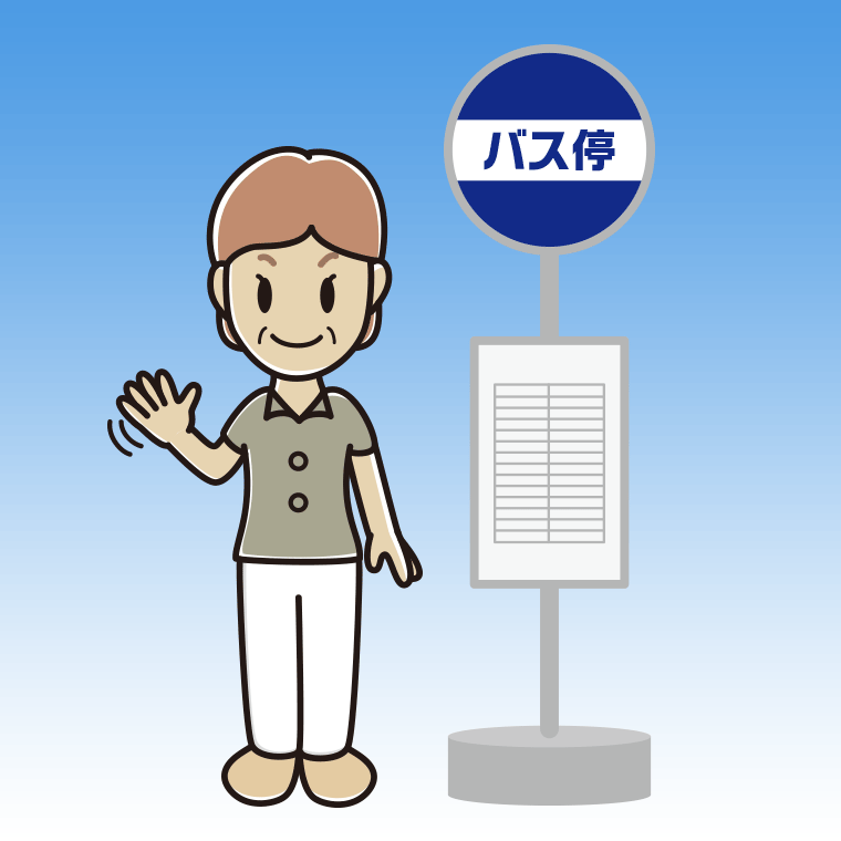 バス停で手を振る年配女性会社員（クールビズ）のイラスト【色、背景あり】PNG