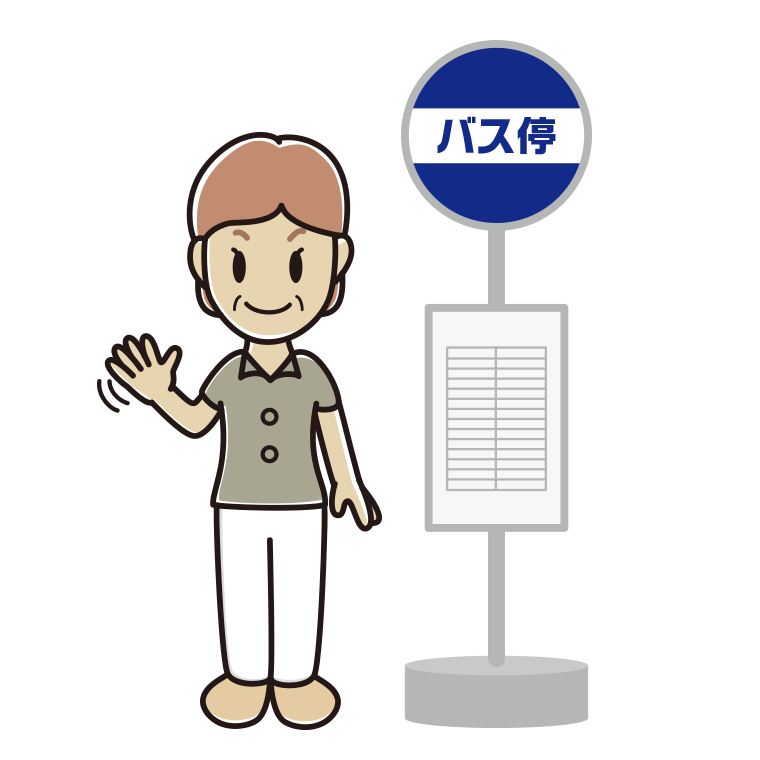 バス停で手を振る年配女性会社員（クールビズ）のイラスト【色あり、背景なし】透過PNG