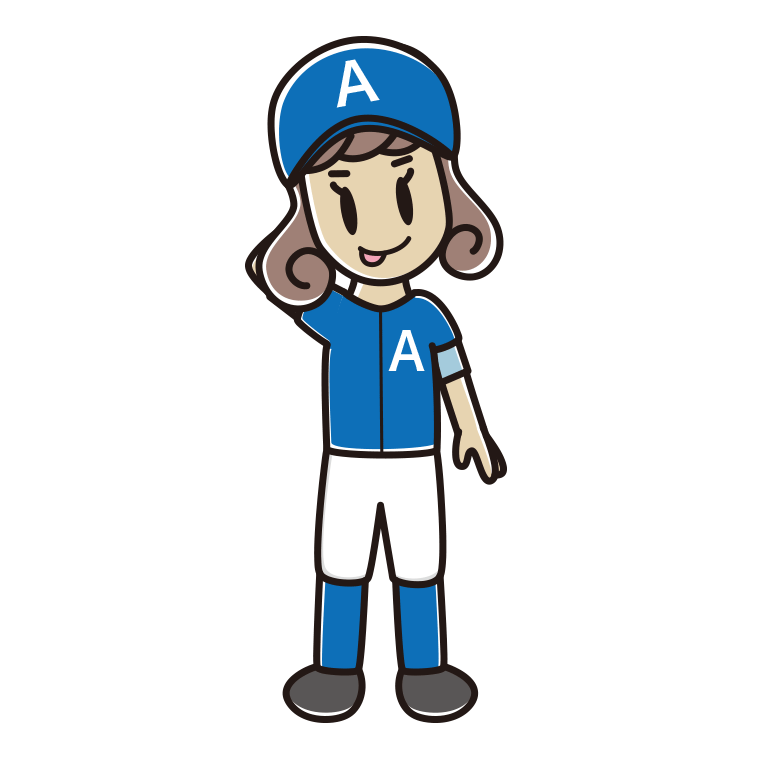 テヘヘな野球のユニフォーム姿の女子大学生のイラスト【色あり、背景なし】透過PNG