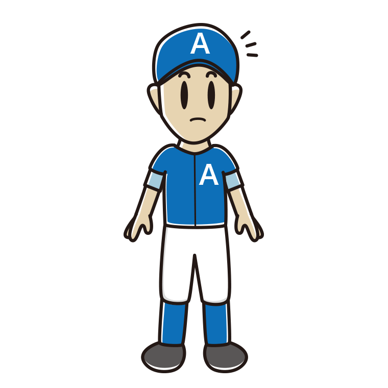 何かに気付く野球のユニフォーム姿の男性のイラスト【色あり、背景なし】透過PNG