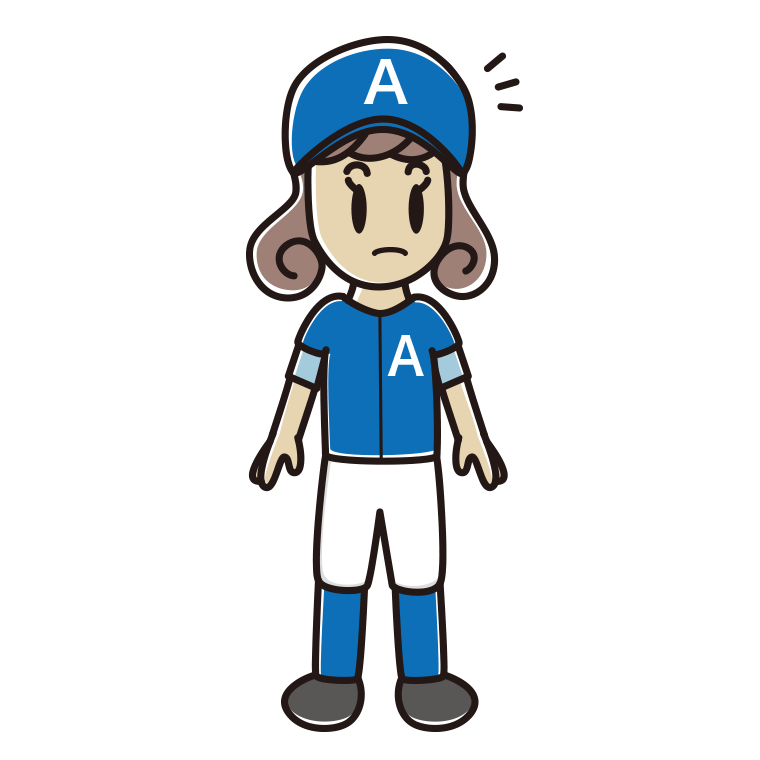 何かに気付く野球のユニフォーム姿の女子大学生のイラスト【色あり、背景なし】透過PNG