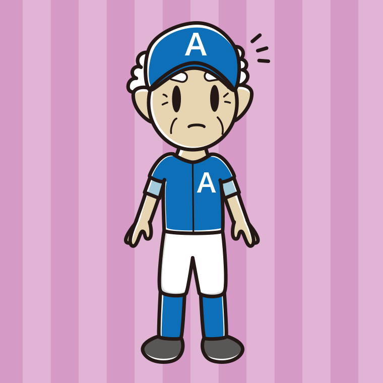 何かに気付く野球のユニフォーム姿のおじいさんのイラスト【色、背景あり】PNG