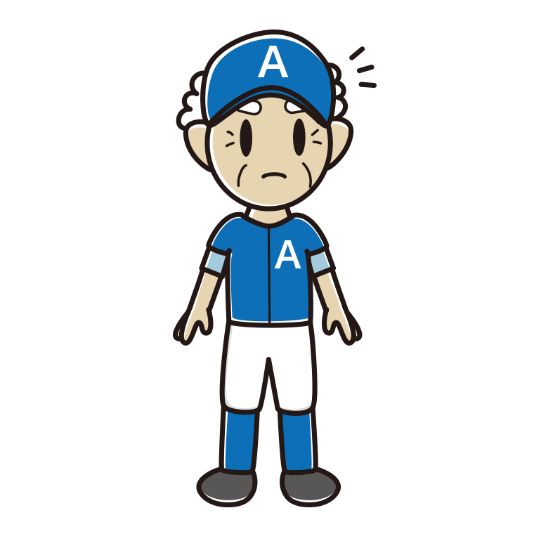 何かに気付く野球のユニフォーム姿のおじいさんのイラスト【色あり、背景なし】透過PNG
