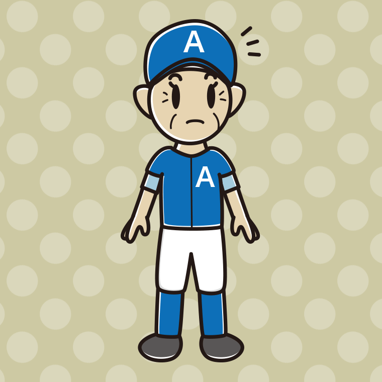 何かに気付く野球のユニフォーム姿のおばあさんのイラスト【色、背景あり】PNG