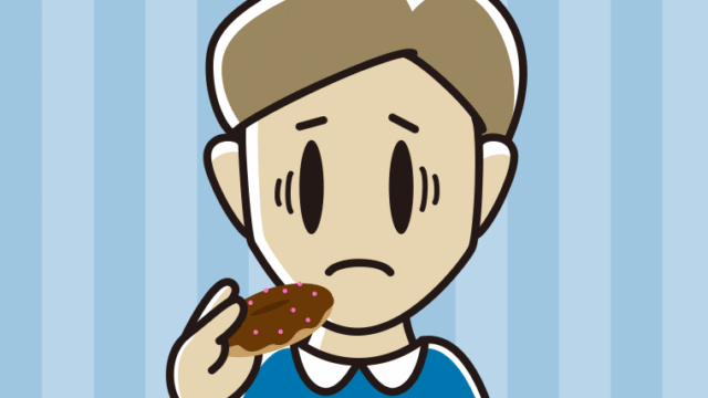 ドーナツで困る男性のイラスト【色、背景あり】PNG