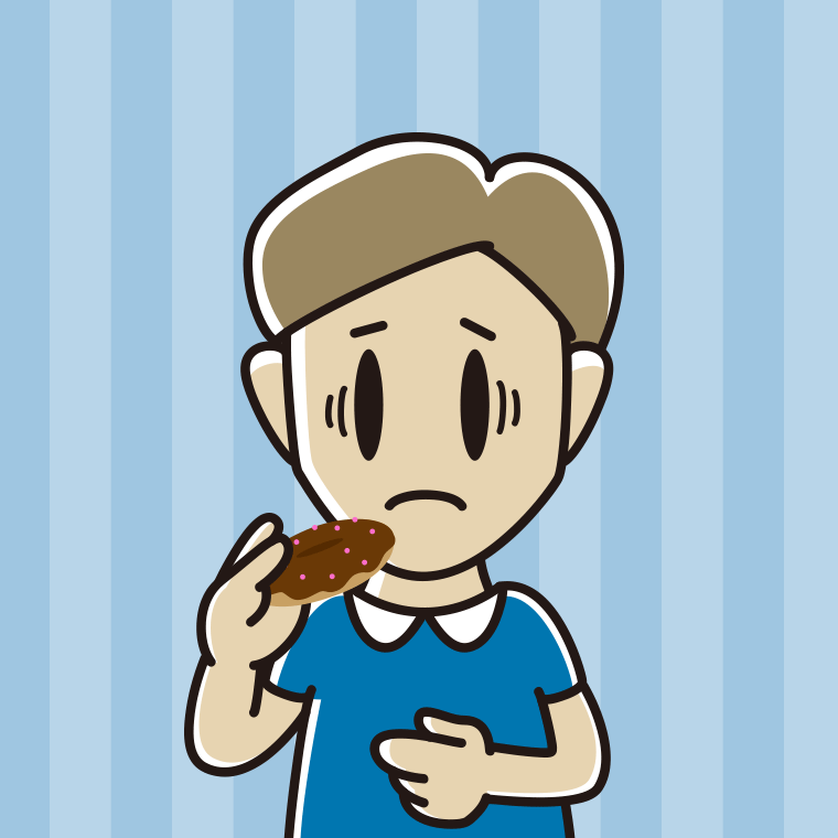 ドーナツで困る男性のイラスト【色、背景あり】PNG