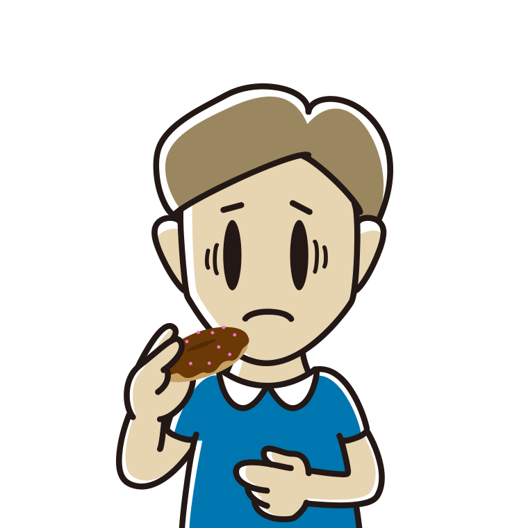 ドーナツで困る男性のイラスト【色あり、背景なし】透過PNG