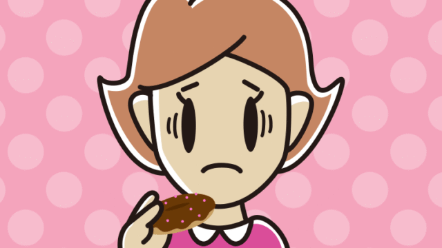 ドーナツで困る女性のイラスト【色、背景あり】PNG