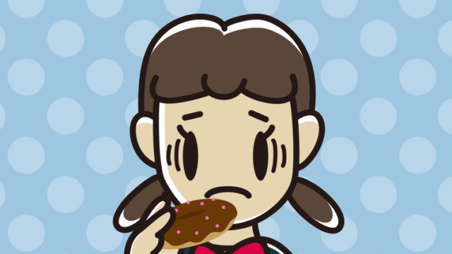 ドーナツで困る女子中学生のイラスト【色、背景あり】PNG