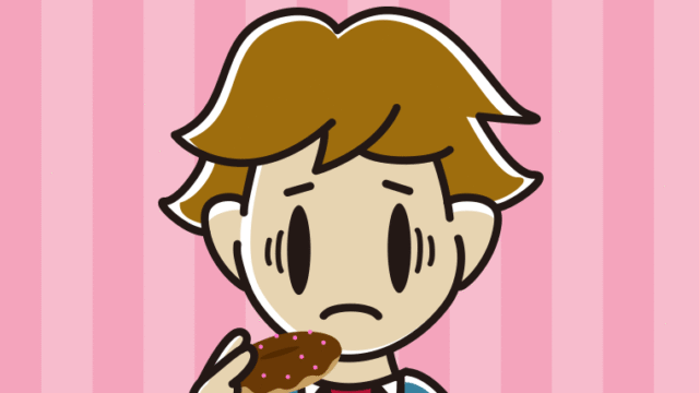 ドーナツで困る男子高校生のイラスト【色、背景あり】PNG