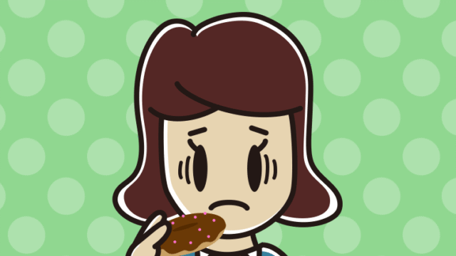 ドーナツで困る女子高校生のイラスト【色、背景あり】PNG