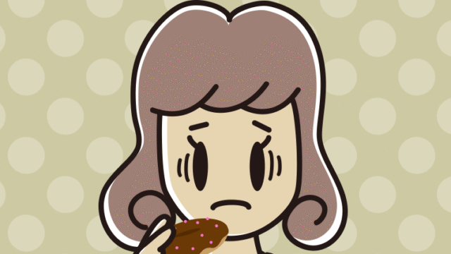 ドーナツで困る女子大学生のイラスト【色、背景あり】PNG