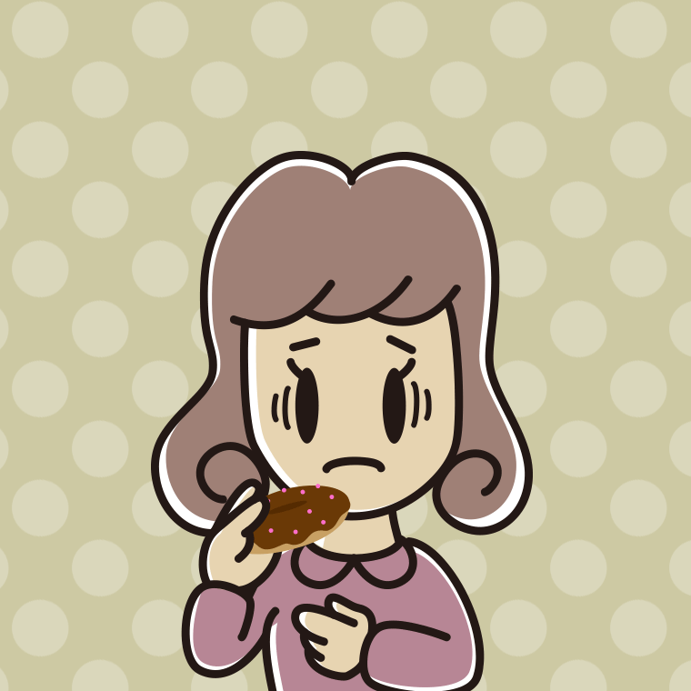 ドーナツで困る女子大学生のイラスト【色、背景あり】PNG