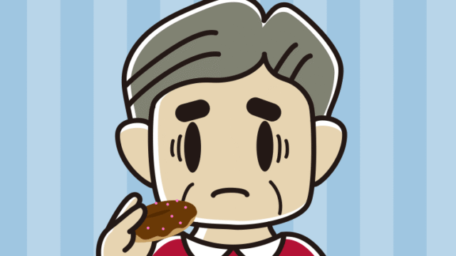 ドーナツで困るおじさんのイラスト【色、背景あり】PNG