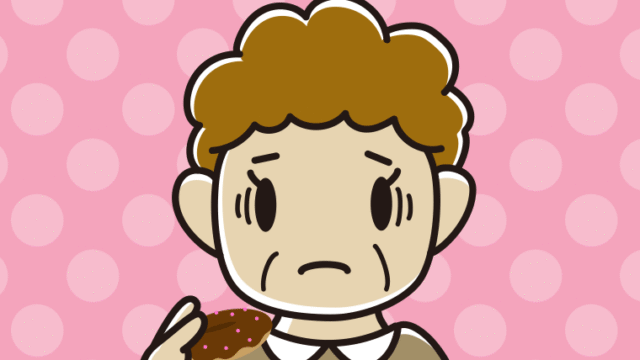 ドーナツで困るおばさんのイラスト【色、背景あり】PNG