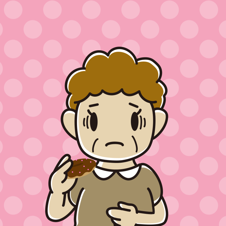 ドーナツで困るおばさんのイラスト【色、背景あり】PNG